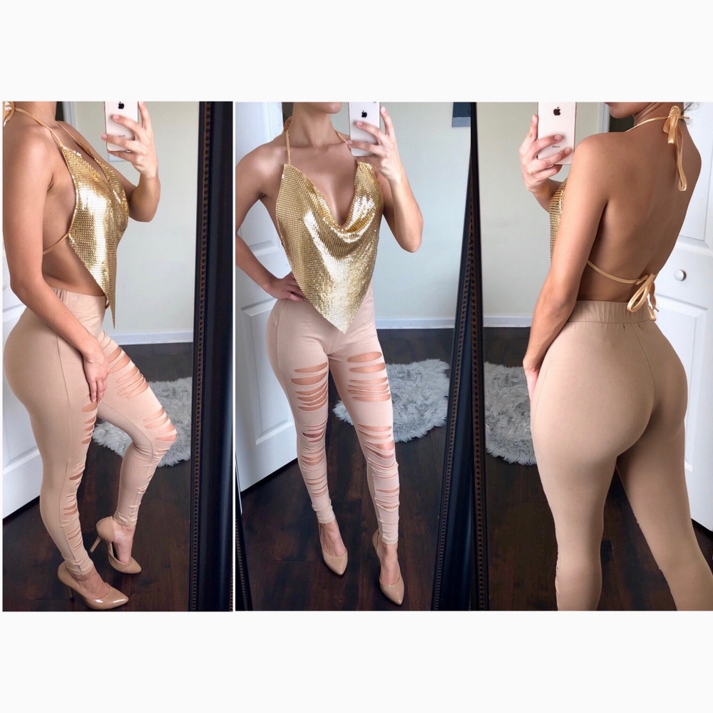 Gold Metallic Halter Drape V-Neck {Rave} Crop Top